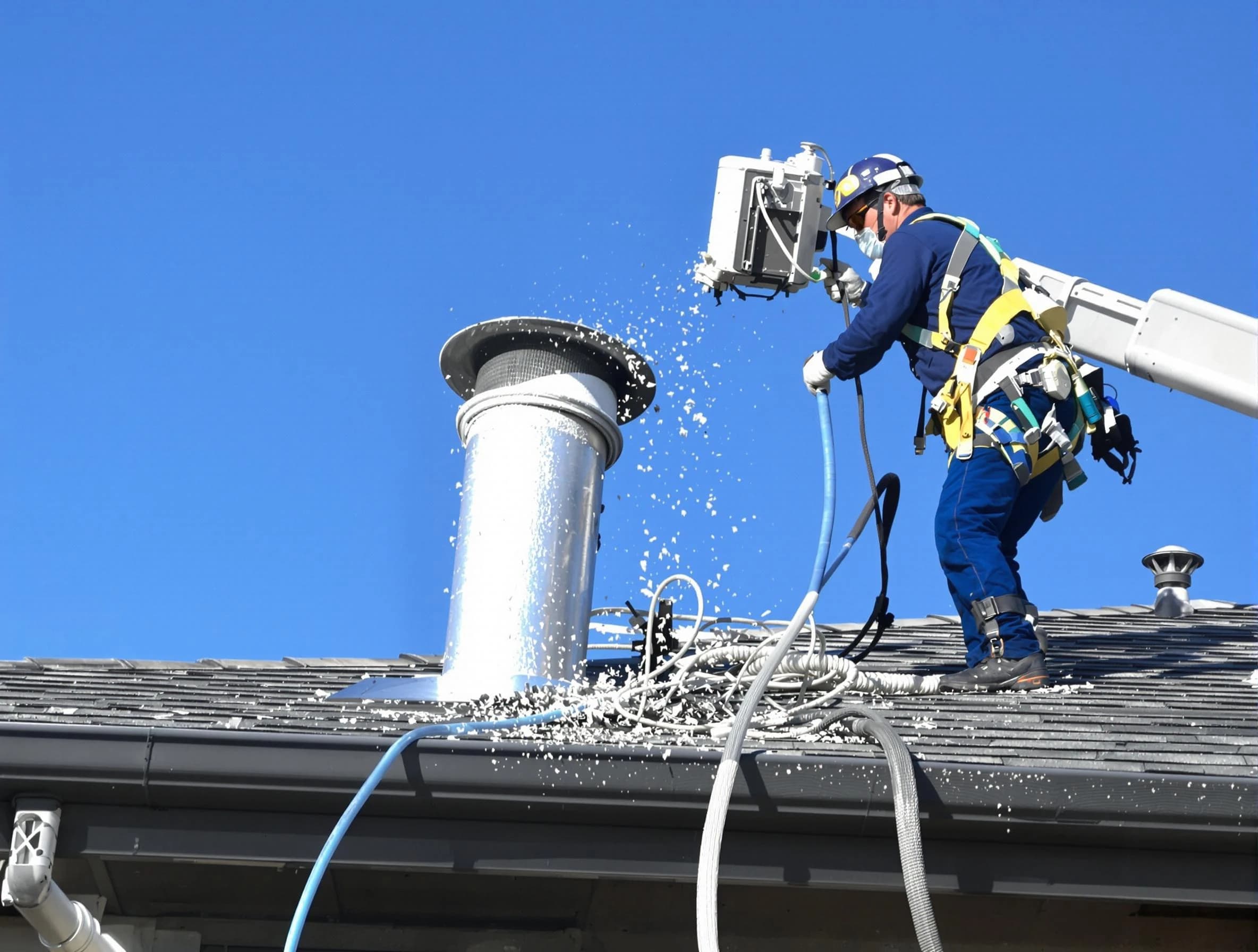Shaw Heights Dryer Vent Cleaning certified technician safely cleaning a roof-mounted dryer vent in Shaw Heights