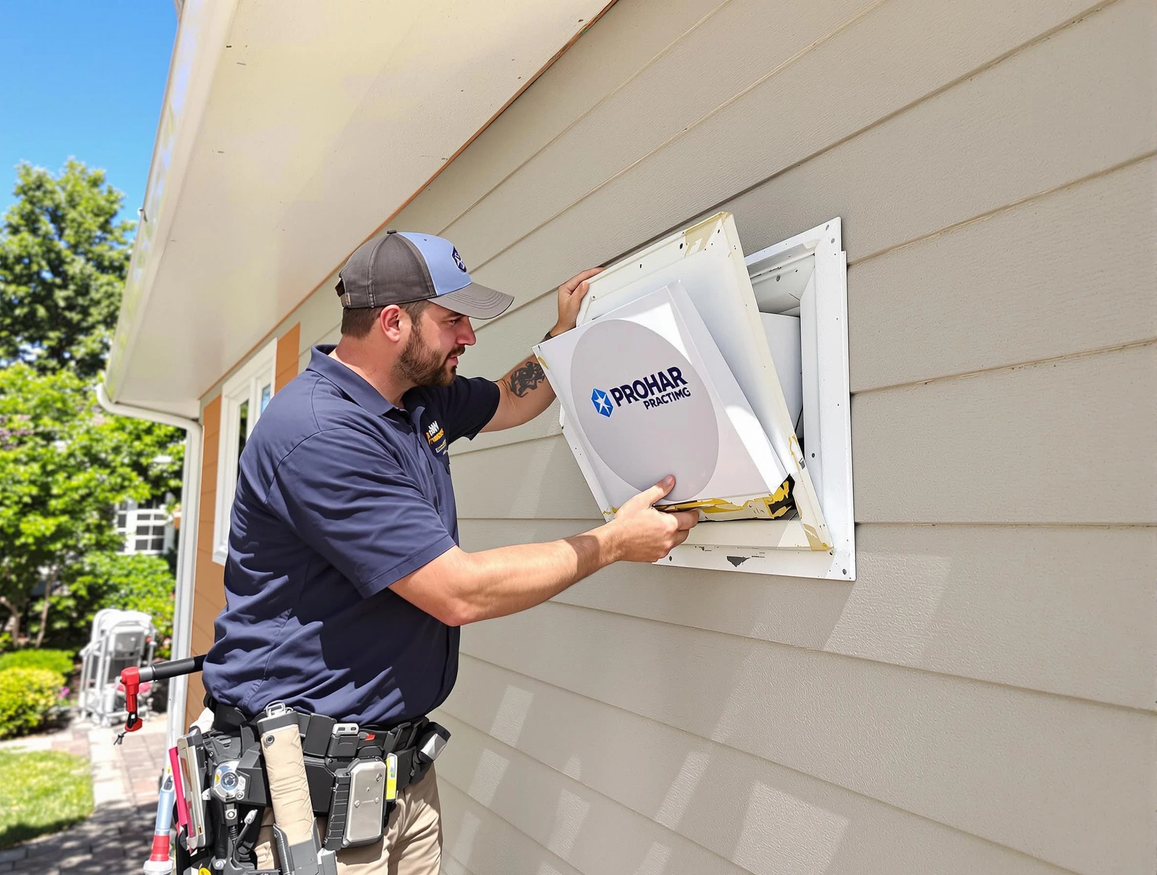 Shaw Heights Dryer Vent Cleaning technician installing a new protective dryer vent cover on a home in Shaw Heights