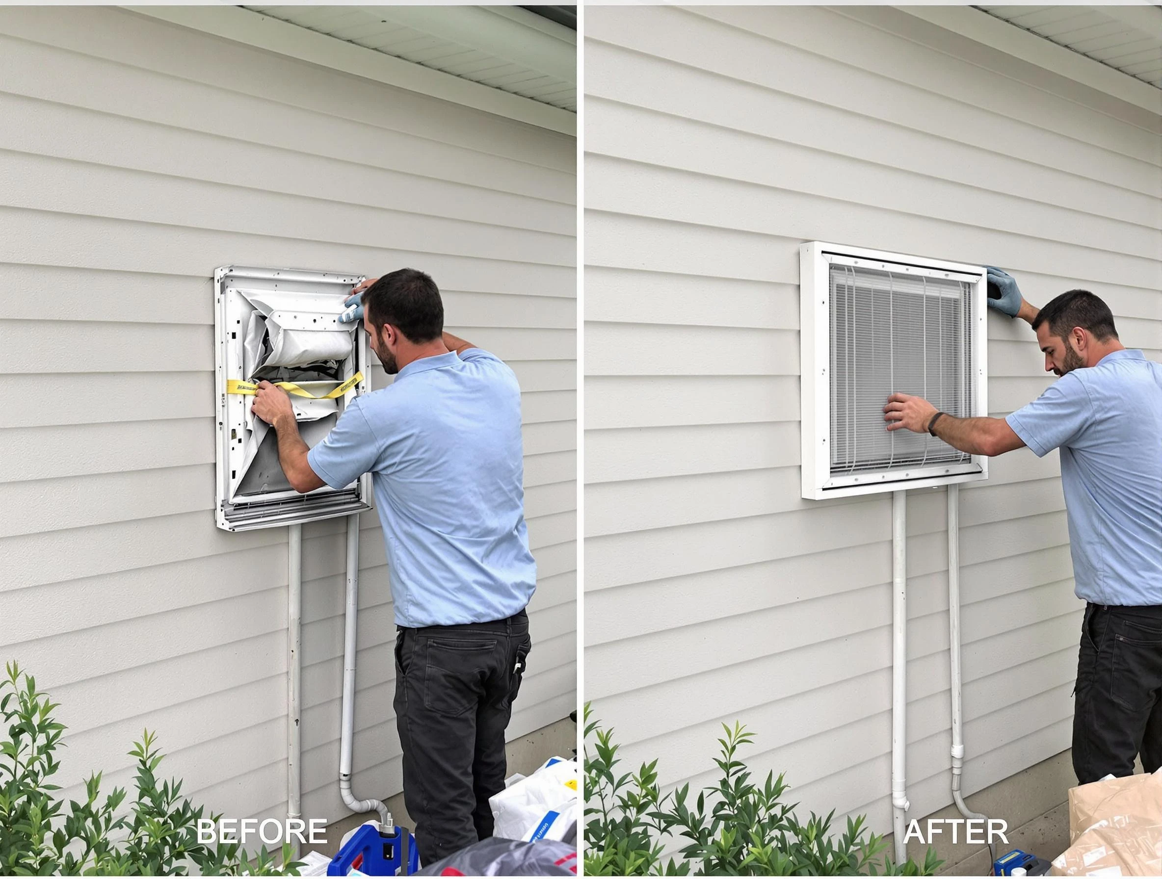Shaw Heights Dryer Vent Cleaning technician installing high-quality dryer vent cover at a residential property in Shaw Heights